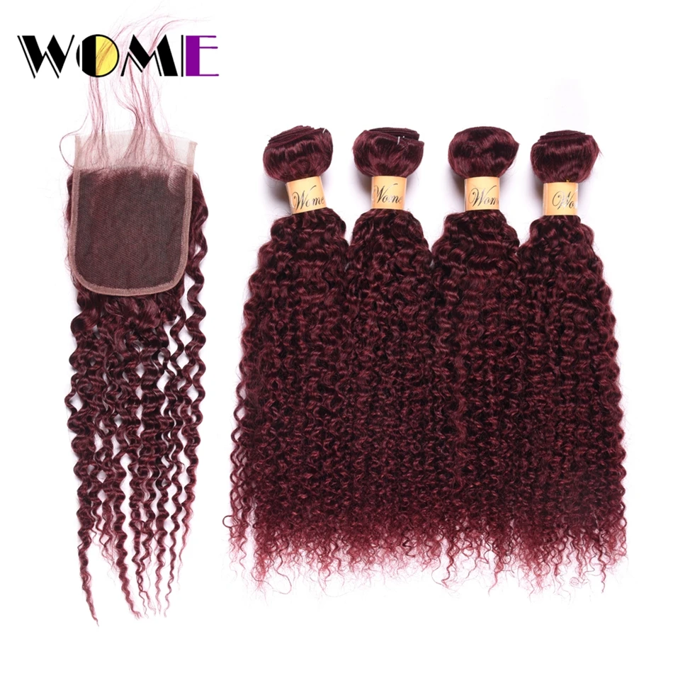 Wome Indian Bundles With Closure #99J Red Wine Color Curly Hair 4 Bundles With 4x4 Lace Closure 100% Human Hair Weave Wome Indian Bundles With Closure #99J Red Wine Color Curly Hair 4 Bundles With 4x4 Lace Closure 100% Human Hair Weave
