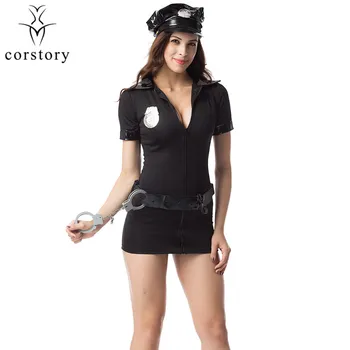 

Corstory Black Sexy Police Costume Adult Cop Cosplay Uniform Party Policewoman Honeymoon Hot Dress With Handcuffs &Hat&Waistbelt