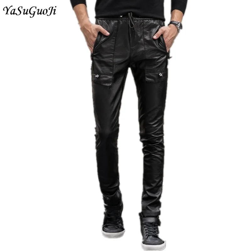 New arrival 2018 fashion slim fit elastic waist faux leather pants men
