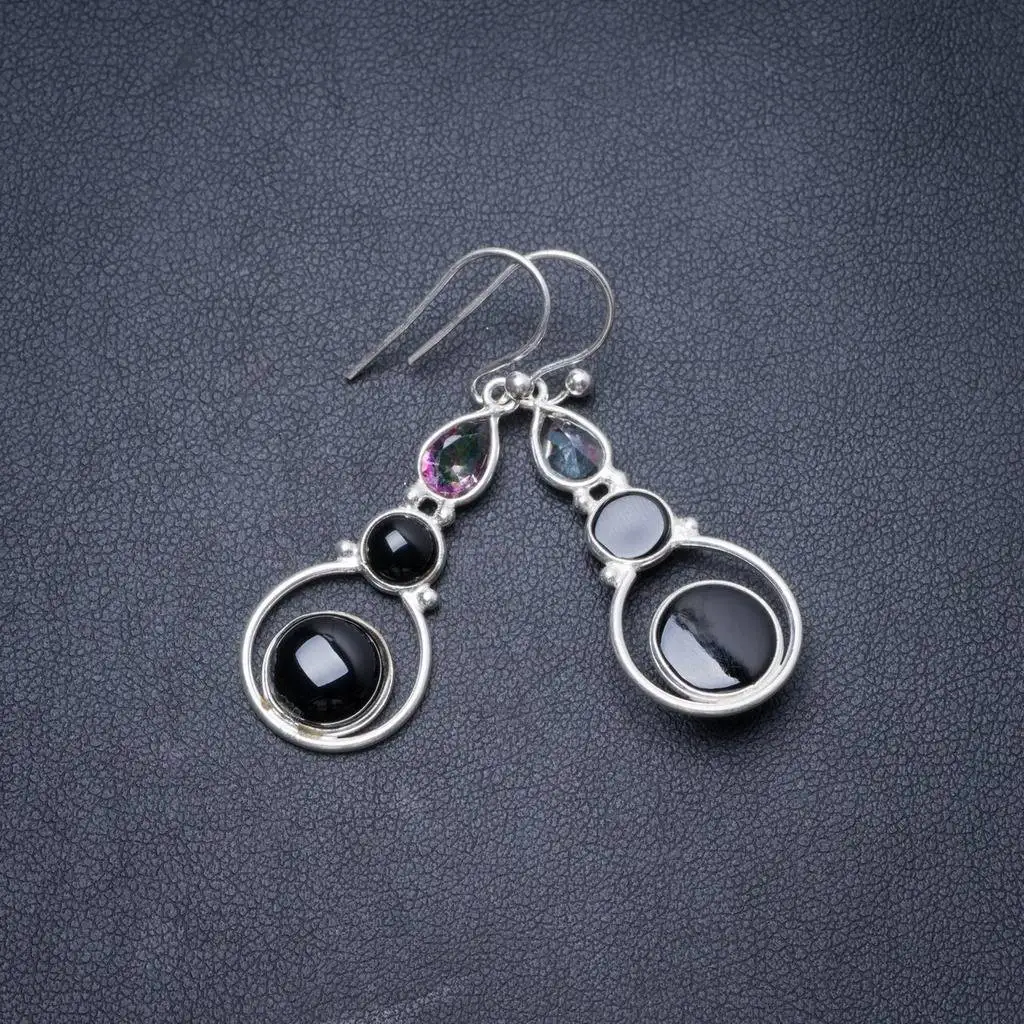 

Natural Black Onyx and Mystical Topaz Handmade Unique 925 Sterling Silver Earrings 1.75" Y3158