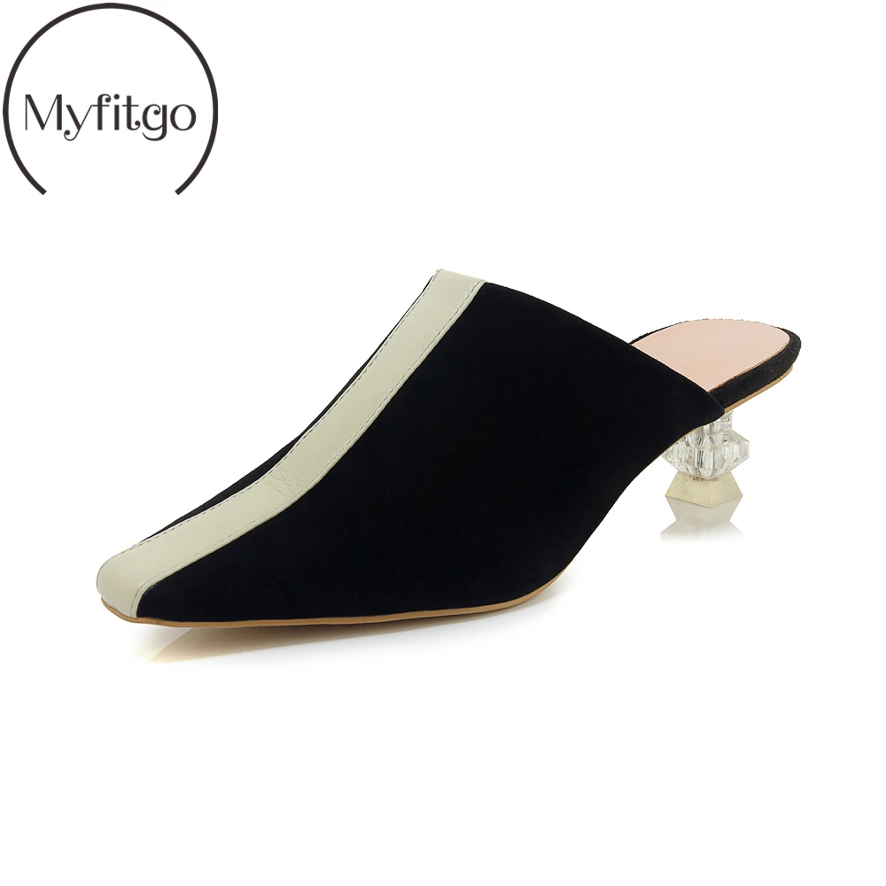 

Myfitgo Women Mules Spring Slippers Kid Suede Square toe 4.5cm Strange Heels Women Autumn Slide on Slippers Female Mules Fahion