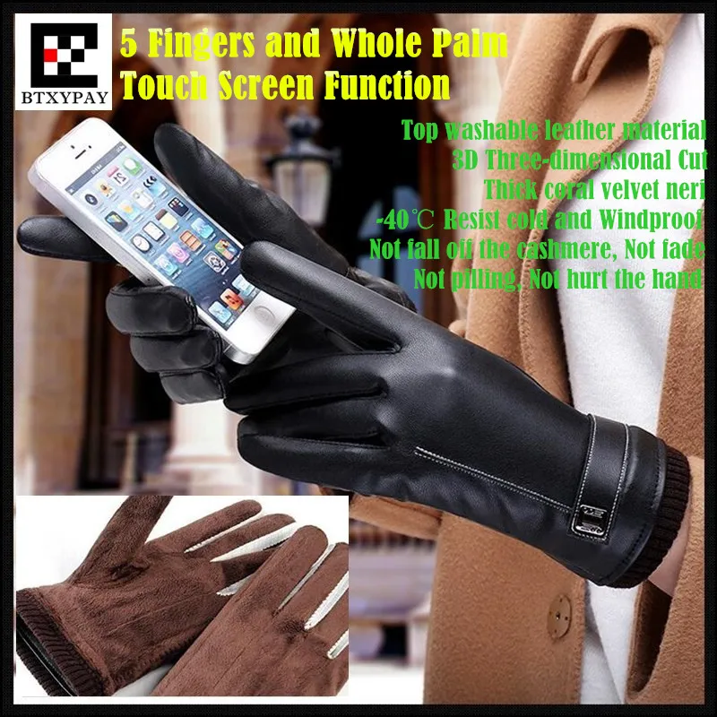 

Men&Women Couple Winter Windproof Resist Cold Cashmere Top Washable Leather PU Gloves,5 Fingers&Whole Palm Touch Screen Gloves