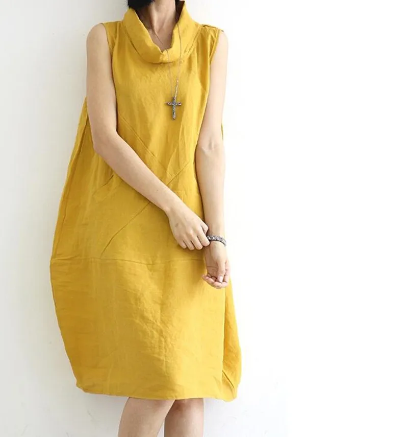 

Clobee Yellow cotton Linen Sleeveless Loose Dress mori girl japanese 2017 kimono summer Pocket women Knee-length Vintage Dresses