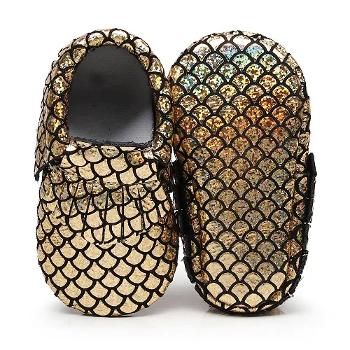 

New customs gold Sequins stripe Genuine Leather Baby moccasins tassel First Walkers Soft sole Baby boys and Girls baby shoes