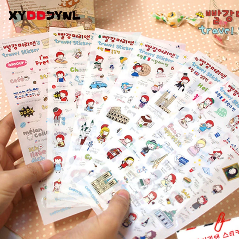 

6Sheets/Pack Red Hair Girl Travel Diary Decoration Scrapbooking Stickers PVC Transparent Stickers Girl Gift
