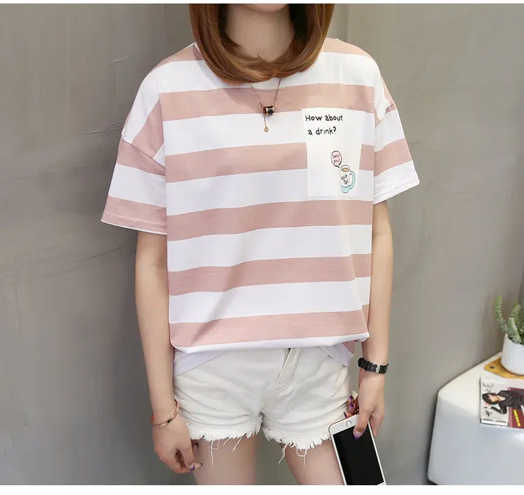 New 2018 Fashion Candy Colors Striped T-shirt Women Summer Short Sleeve Tshirts Ladies T-shirts Letter Print Camiseta Mujer (2)