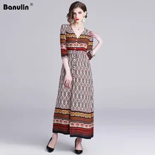 Banulin High Quality Runway Maxi Dress 2019 Summer Women's Half Sleeve Vintage Print Long Maxi Party Boho Dress Vestidos B8830 white half sleeve maxi dress