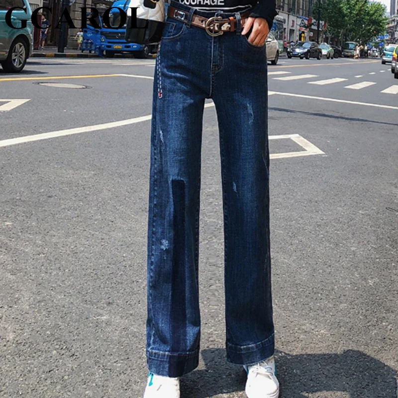 GCAROL Новая коллекция Высокая талия тянуть на расклешенные джинсы промывают High Street для женщин Винтаж широкие брюки для 4 сезон