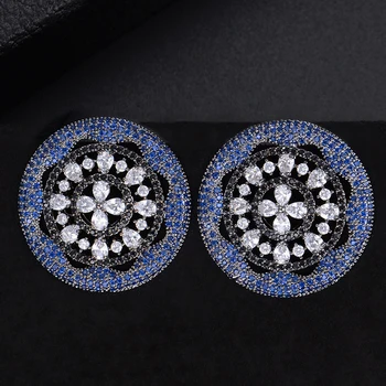 

Blue Color Round Flower Shape Hollow Full Cubic Zirconia Stud Earrings For Women Girls