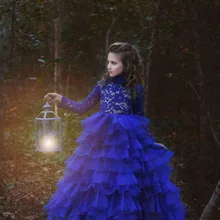 Изготовленные на заказ длинные синие кружевные платья с длинными рукавами и цветочным узором для девочек красивые многоуровневые Бальные платья для первого причастия