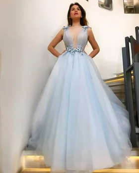 

Charming Vestidos Sky Blue Prom Dress 3D Flower Appliques Jewel Neck Sleeveless Floor Length Formal Party Gown Prom Dresses