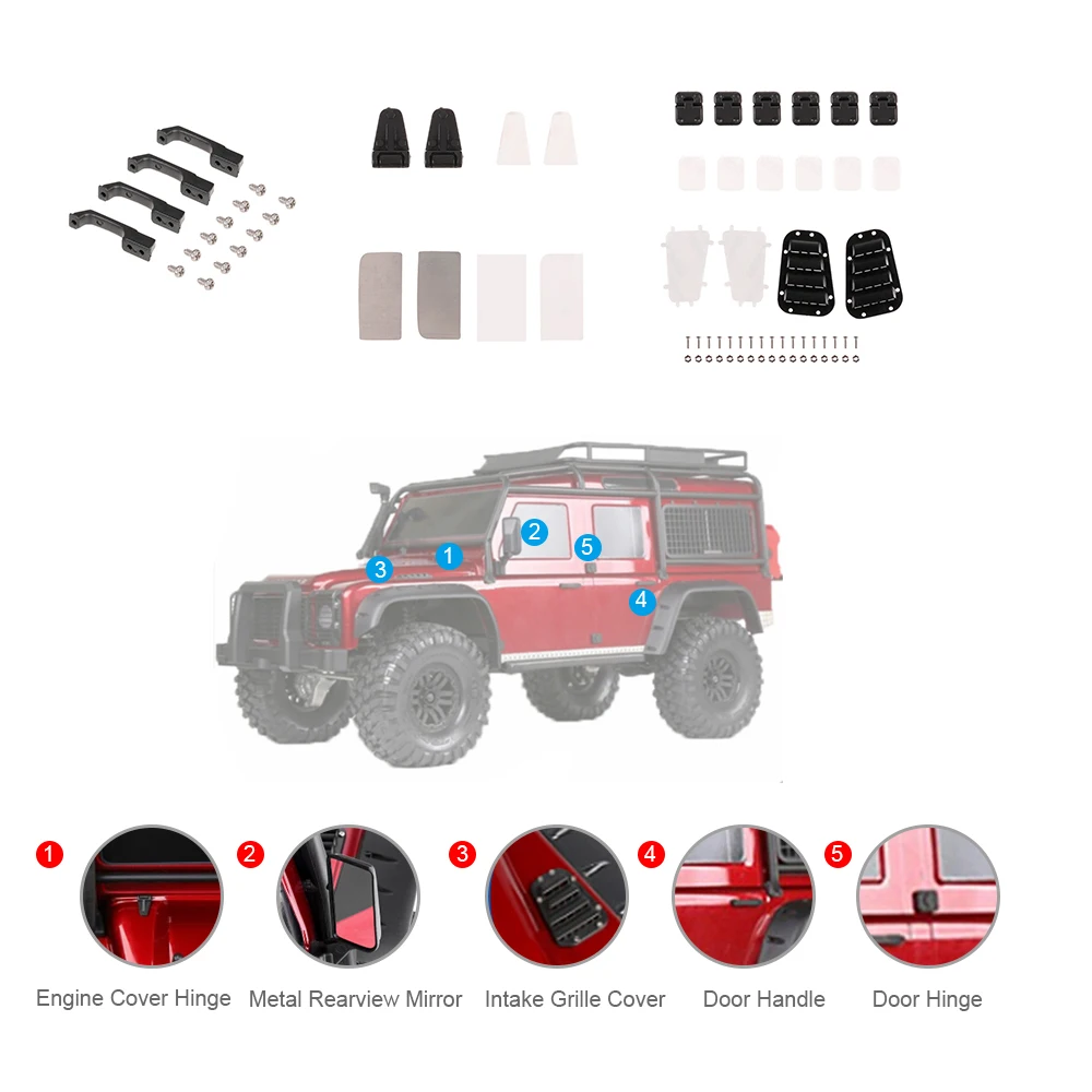

Intake Grille Cover & Engine Cover Hinge & Door Handle & Door Hinge & Metal Rearview Mirror Combo for 1/10 RC Crawler Car Parts