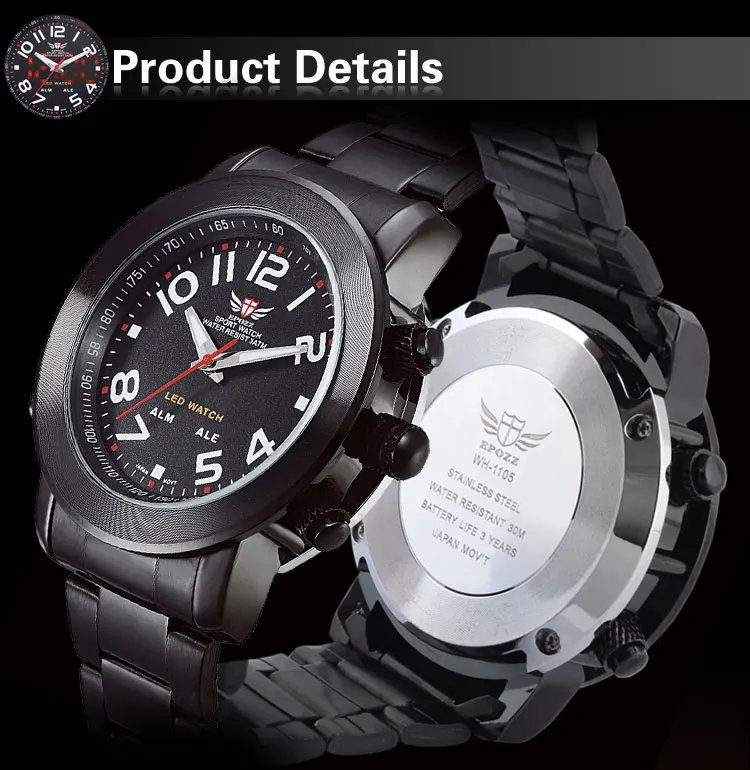 Бренд EPOZZ, мужские спортивные часы из полностью стали, кварцевые часы для гольфа, светодиодный дисплей, военные армейские часы, relojes hombre montre homme