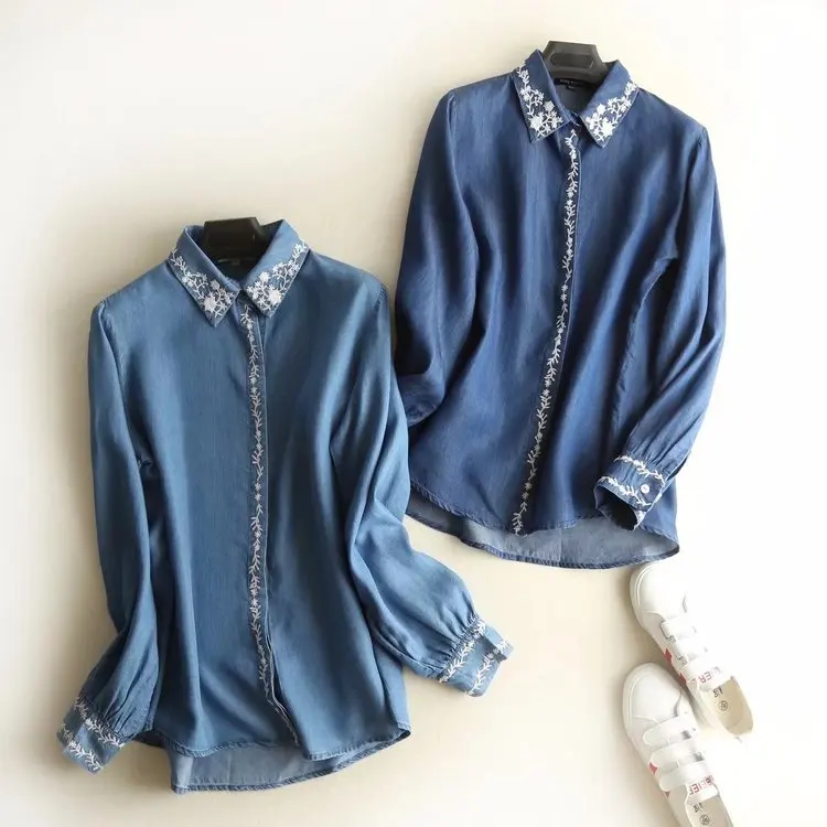 New Womens Blouse Vintage Denim Long Sleeve Single Breasted Shirt Embroidery Tops