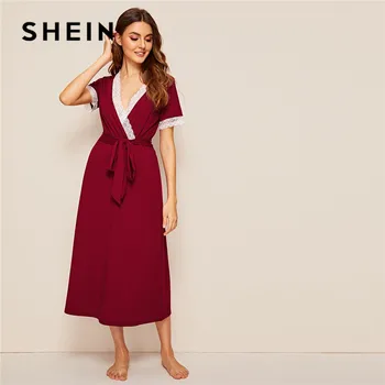 

SHEIN Contrast Lace Surplice Neck Belted Night Dress Burgundy Short Sleeve Deep V Neck Sexy Nightwear Ladies Summer Lingerie