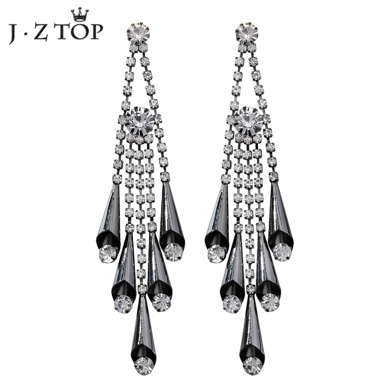 

JZTOP Vintage Gun Black Metal Chain Rhinestone Tassel Dangle Earrings for Women Water Drop Crystal Long Pendant Earrings Jewelry