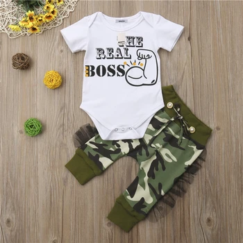 

THE REAL BOSS 2Pcs Newborn Baby Boys Bodysuit Romper Camo Harem Pants Outfit Set Clothes 0-24M