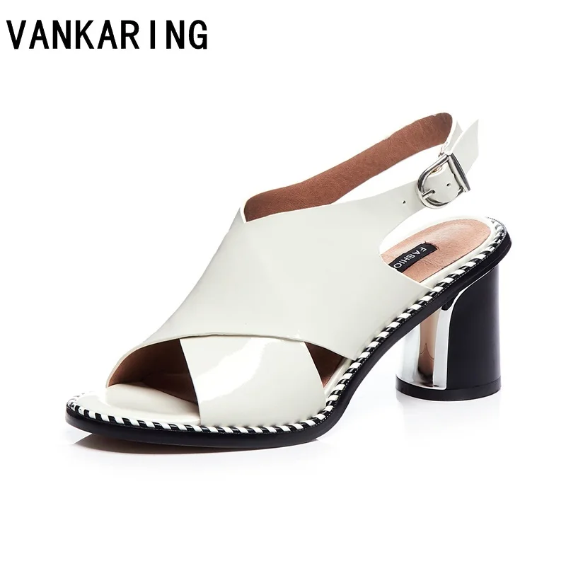 

women ankle strap sandals patent leather square high heel fashion peep toe ladies fashion cross-tied casual shoes woman sandals