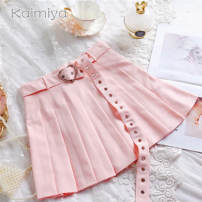 New Summer Women Pleated Skirt High Waisted Heart Shape Sashes Women Pleated Short Skirt High Quality