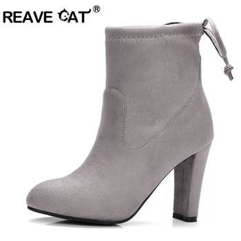 

REAVE CAT New Autumn Shoes women Ankle boots Fringe Women Fashion High boots Casual High Heels Shoes Women Slip on Flock A789