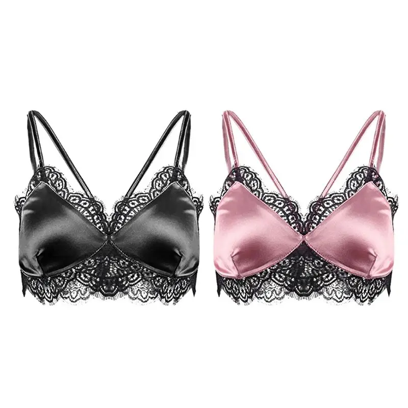 

Womens Sexy Deep V-Neck Faux Silk Bralette Eyelash Floral Lace Patchwork Trim Crop Top Spaghetti Straps Hollow Out Strappy Banda