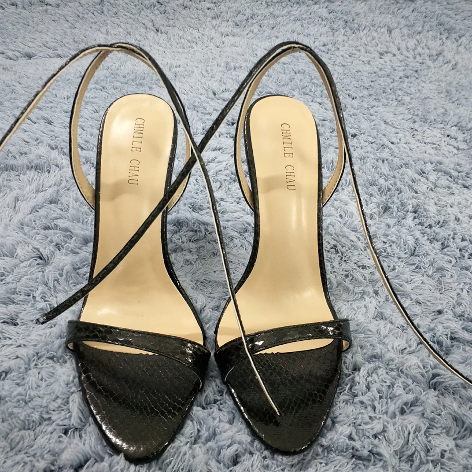 

Women Stiletto Thin Iron High Heel Sandal Sexy Ankle Strap Buckle Open Toe Black Snakeskin Party Bridals Ball Lady Shoe 3845-i10