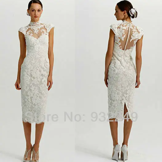 High Neckline White Tea Length Lace Dress Traditional Wedding High Neckline White Tea Length Lace Dress Traditional Wedding Sheath Cap Sleeves