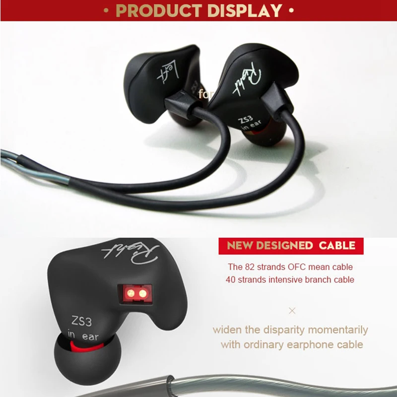 Original KZ ZS3 Ergonomic Detachable Cable Earphones Audio Monitor Noise Isolating HiFi Stereo Sports Headset With Microphone