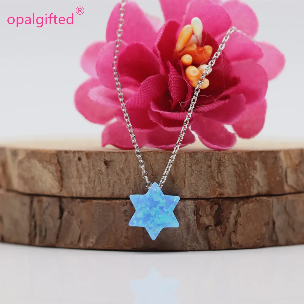 

1pc Light blue/white Opal Stone Star of David Pendant Choker Necklace Charm Women O chain Necklace 925 Silver Jewelry for Girls