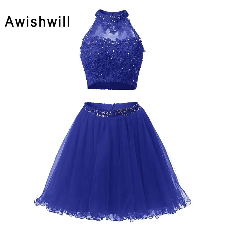 

Cheap Selling Scoop Neckline Appliques Beadings Tulle Cocktail Dress Two Pieces Sexy Homecoming Dress 2019