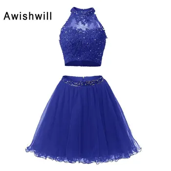 

Cheap Selling Scoop Neckline Appliques Beadings Tulle Cocktail Dress Two Pieces Sexy Homecoming Dress 2020