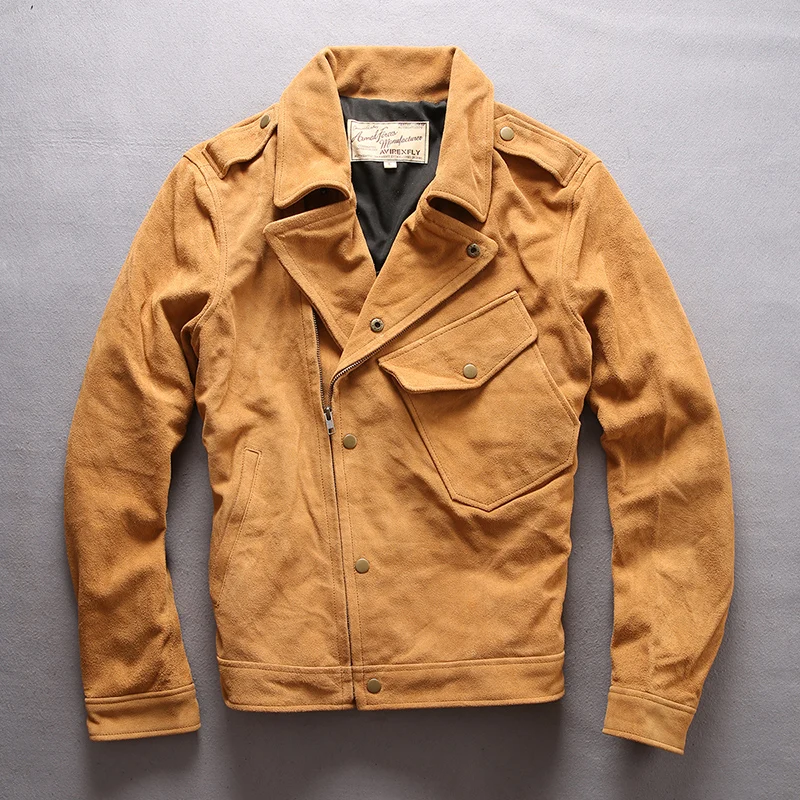 

AVIREX FLY Genuine Leather Jacket Men Turn-Down Collar Motorcycle Jacket Casual Cow Suede Vintage Slim Fit Real Leather Coat