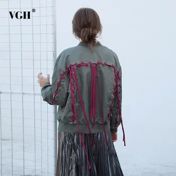 

VGH Bandage Jackets For Women Stand Collar Long Sleeve Loose Coat Female Zipper Personality Solid Tops Fashion 2020 Spring New