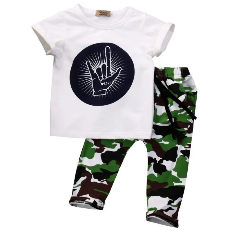 

2pcs/set Newborn Kids Baby Boys Outfits Rock Gesture Printed T-shirt Tops+Long Pants Clothes Set for 0-4 Years