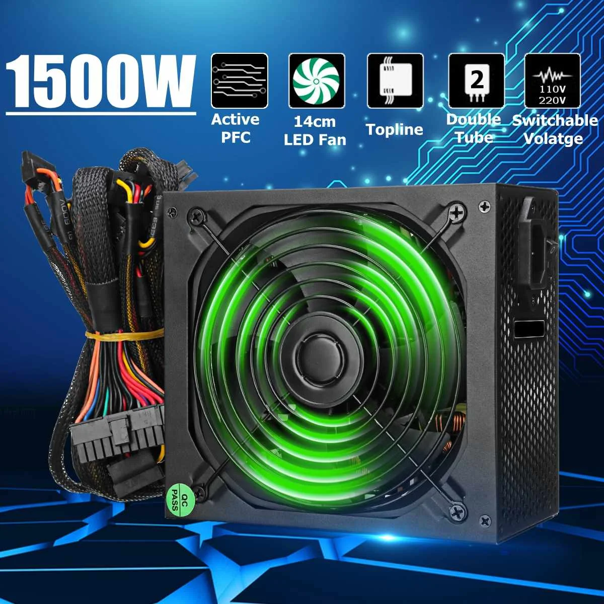 

1500W PC Power Supply For Computer Active PFC Computer PC PSU 24Pin SATA LED Cooling Fan 80 Plus