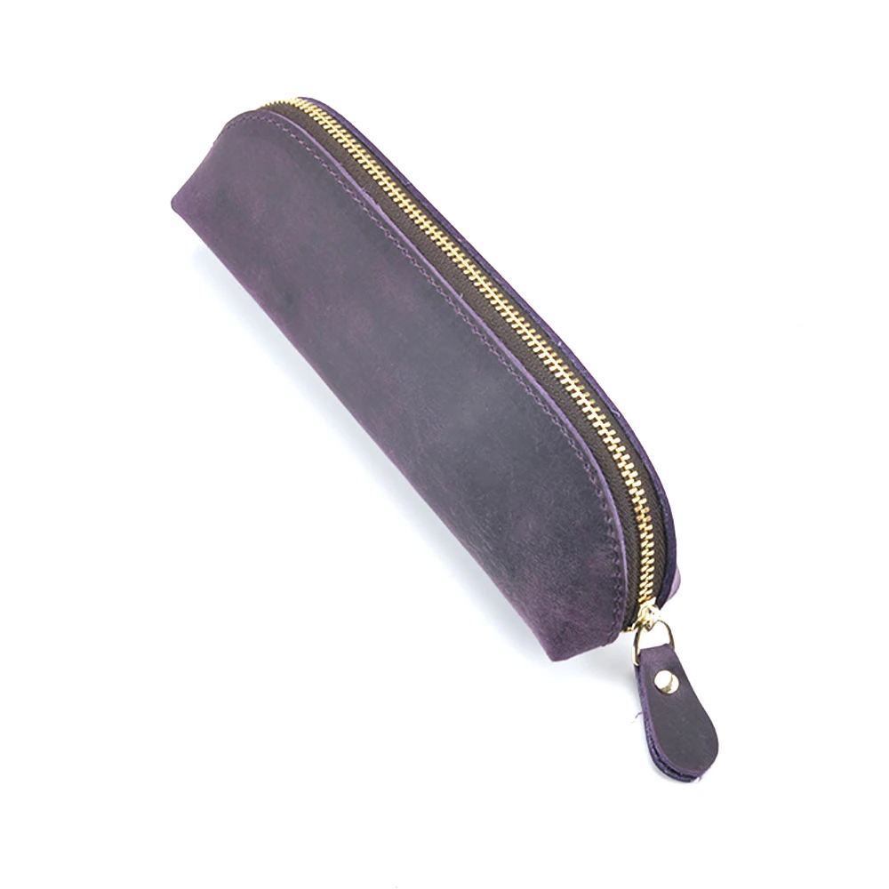 Moterm Handmade Genuine Leather Zipper Pen Pencil Bag Vintage Retro Style Creative School Stationary Accessories Free shipping - Цвет: A Purple