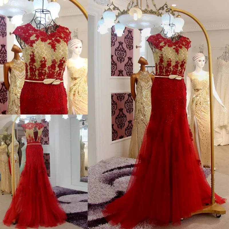 2019 Cap Sleeve Lace Appliqued Sheer Back Sash Mermaid Evening Dresses Custom Made Sequin Evening Dress Floor  Length CH34