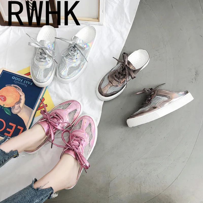 

RWHK 2019 spring and summer new Korean version of Baotou slippers sequins female wild mesh breathable lace slippers B064