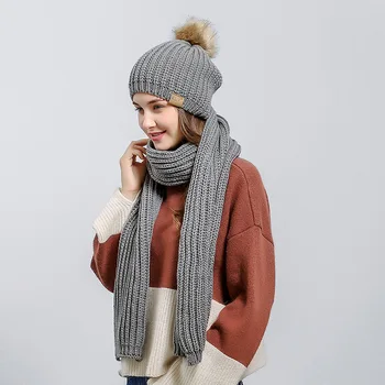 

Kids knitted Winter Pompom Hat female Warm Scarf Set Beanies Solid Bonnet Skullies beanies Cotton hat Set Girl's Winter Scarf