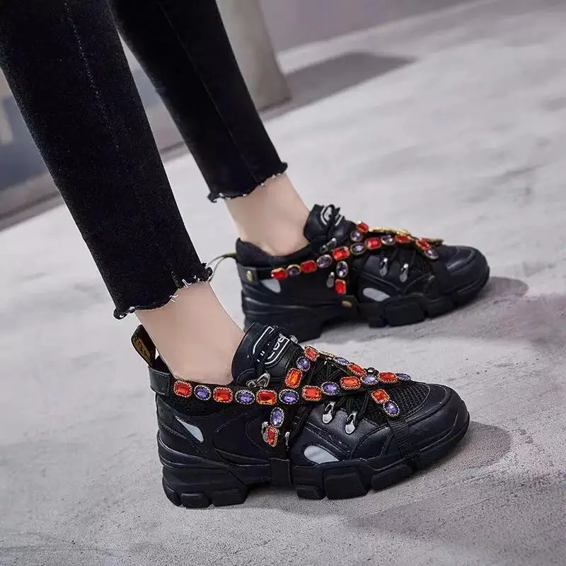 

2019 New Brand Women Sneakers Winter Fashion Crystal Plat Platform Lace-Up Round Toe Comfortable Casual Loafers