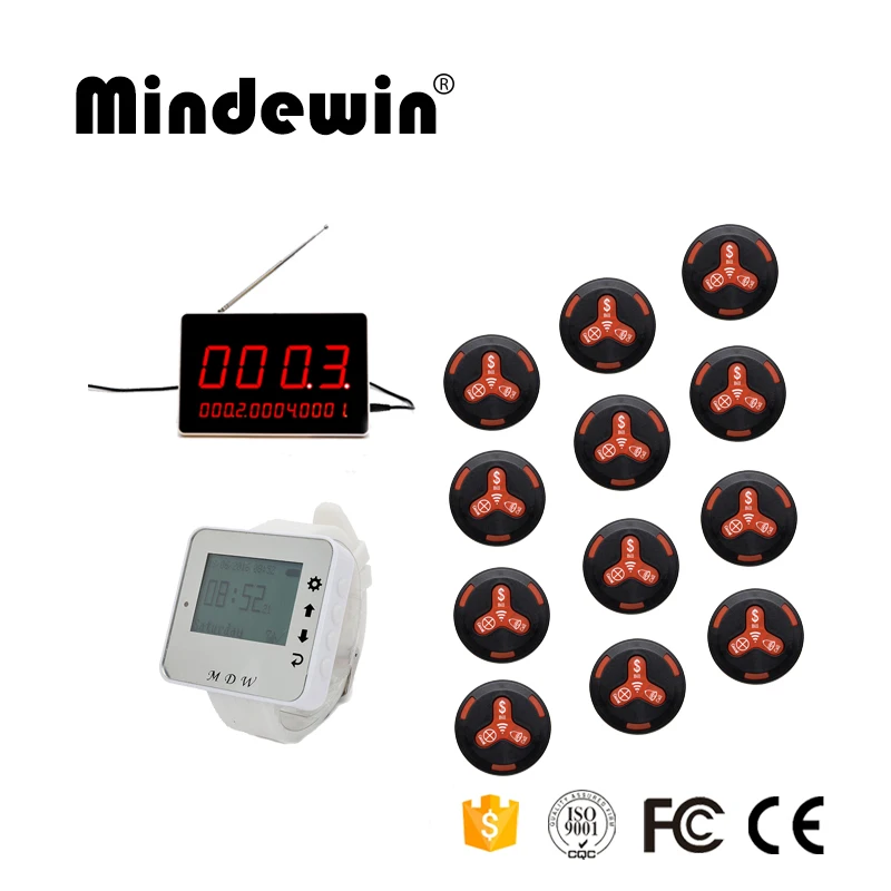 

Mindewin Wireless Pager Systems 1 LED Display Receiver + 1 Wrist Watch Pager Receiver +12 Waiter Calling Button Restaurant Pager