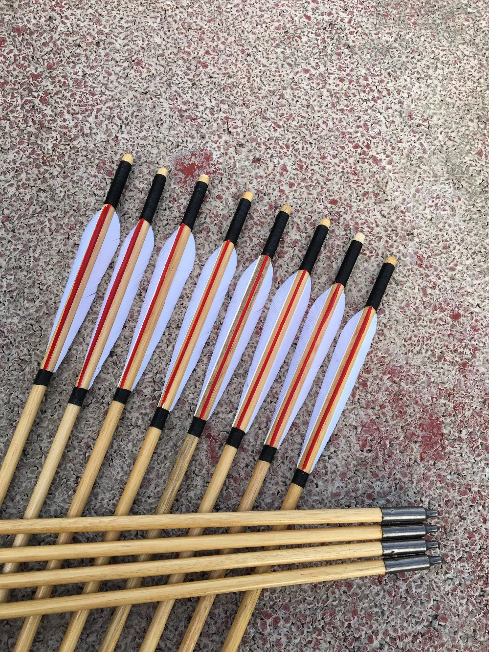 

12pcs Handmade Wooden Arrows Redwhite Turkey Feather for Recurve Bow Hunting