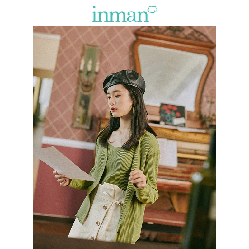 

INMAN 2019 Autumn New Arrival Young Literary Style Minimalism V-neck Long Sleeve All Matched Slim Women Cardigan