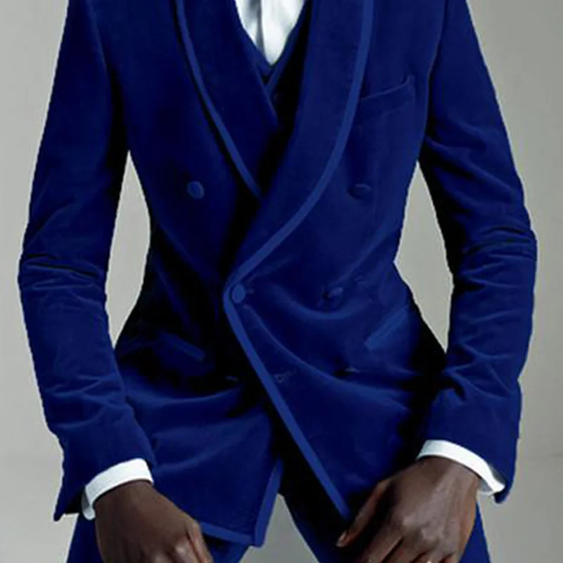 Royal Blue Velvet Evening Party Men Suits Double Breasted Shawl Lapel Three Piece Wedding Tuxedos 2018 Latest Coat Pant Designs