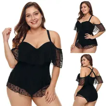 Плюс размер цельный бикини глубокий v-образный вырез с открытыми плечами оборки в горошек сетка сплошной крест-накрест открытая спина купальник