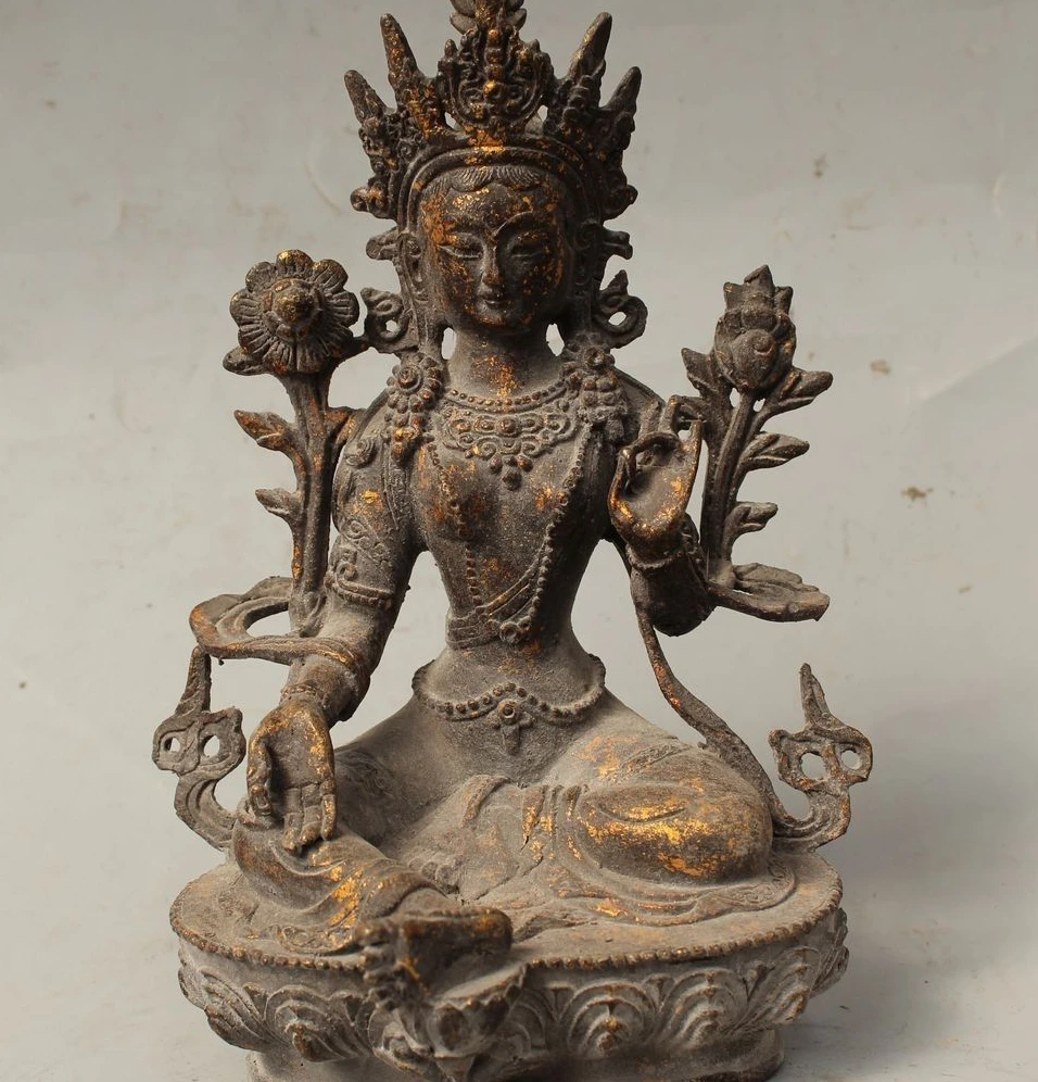 

9" Tibet Buddhism Bronze Gild Seat Green Tara Mahayana Enlightenment Goddess