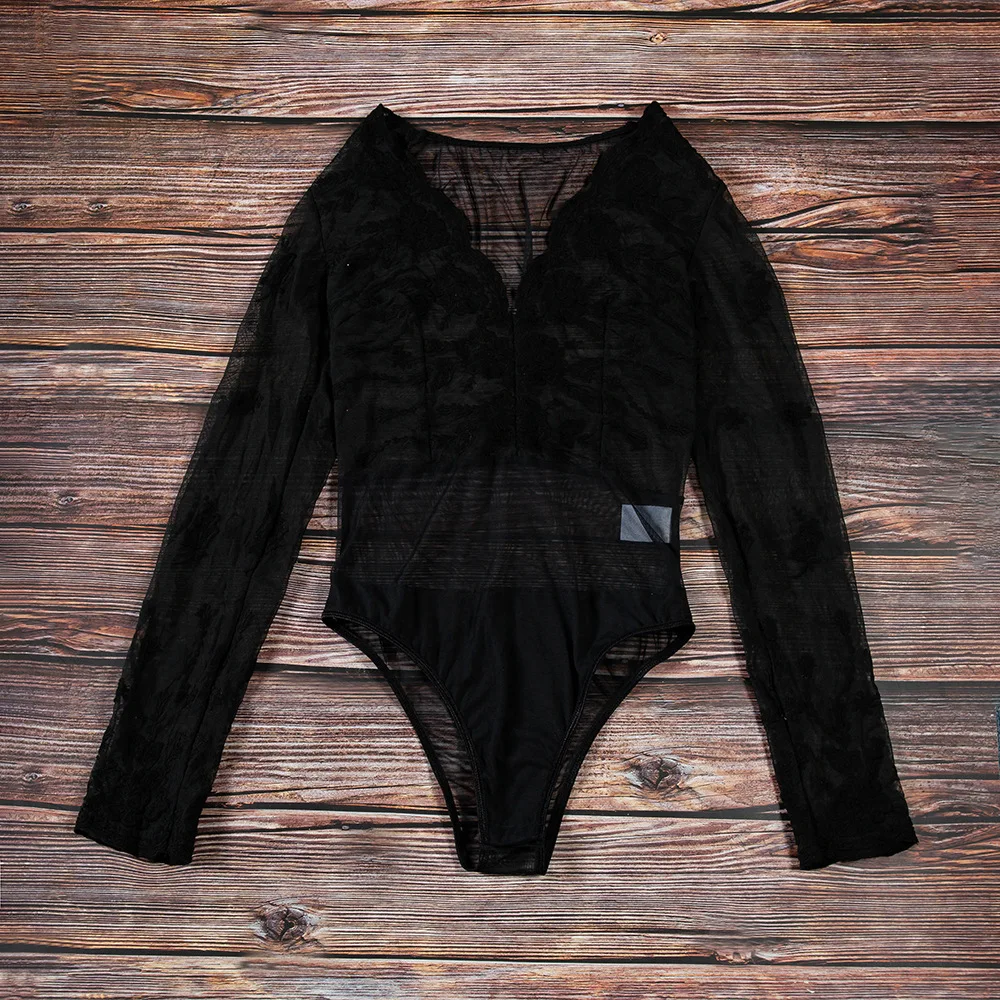 summer lace bodysuit long sleeve mesh women jumpsuit black Romper snap bottom button one piece body ladies