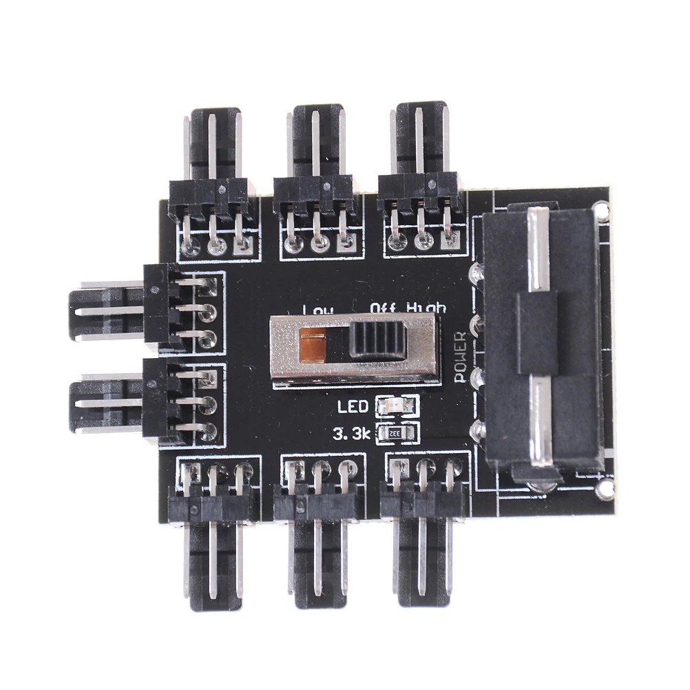 

Computer IDE Molex 1 to 8 Multi Way Splitter Cooler Cooling Fan Hub 3pin 12V Power Socket PCB Adapter 2 Level Speed Control