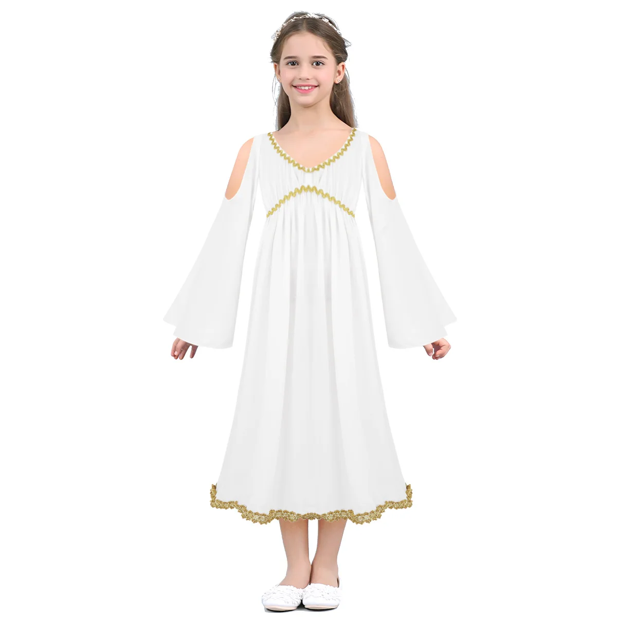 Детское платье в греческом стиле для девочек Детский карнавальный костюм платье для ролевых игр с длинными рукавами и v-образным вырезом, длинное платье с золотой отделкой
