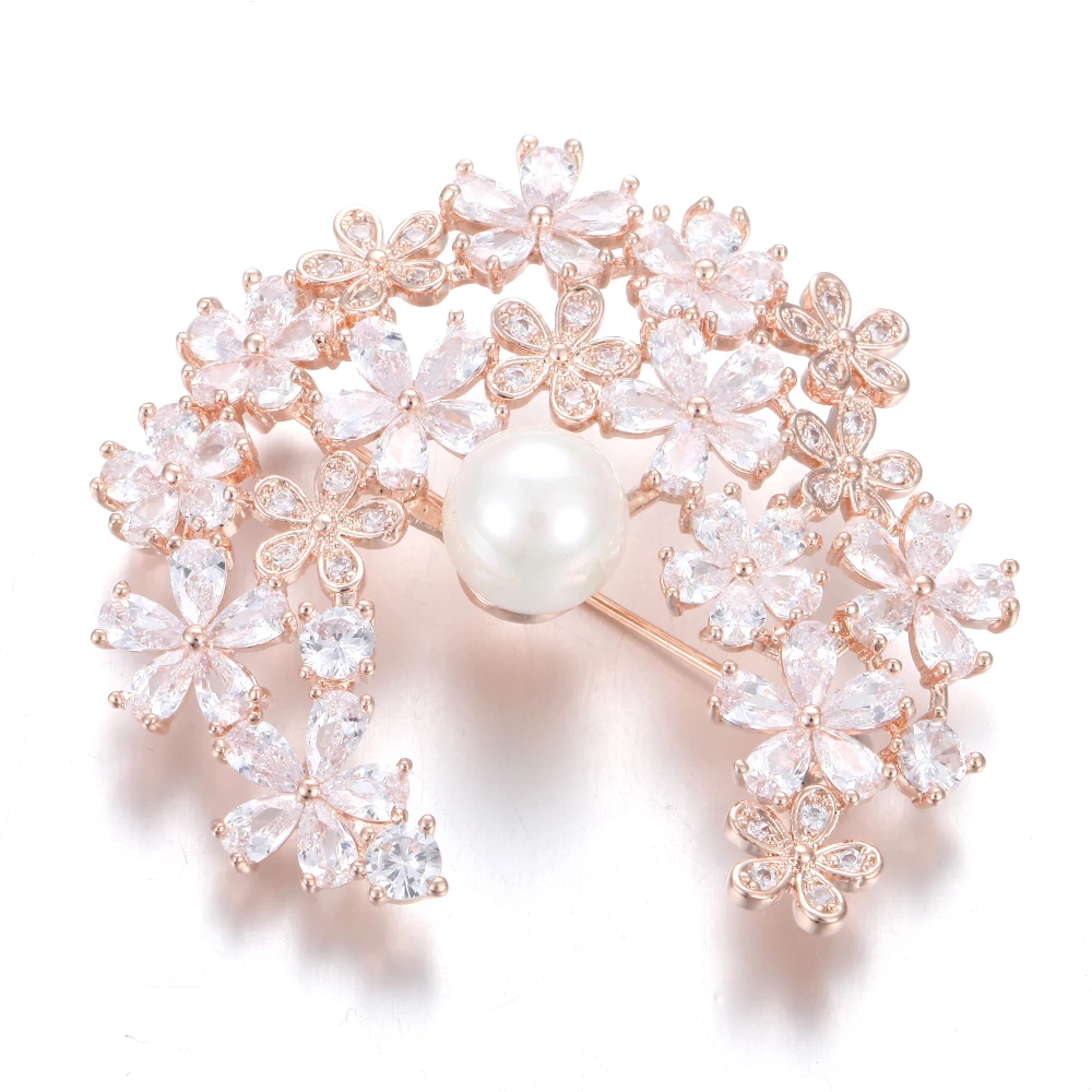 Pretty ROSE GOLD Cubic zirconia pearl pins and brooches High Quality